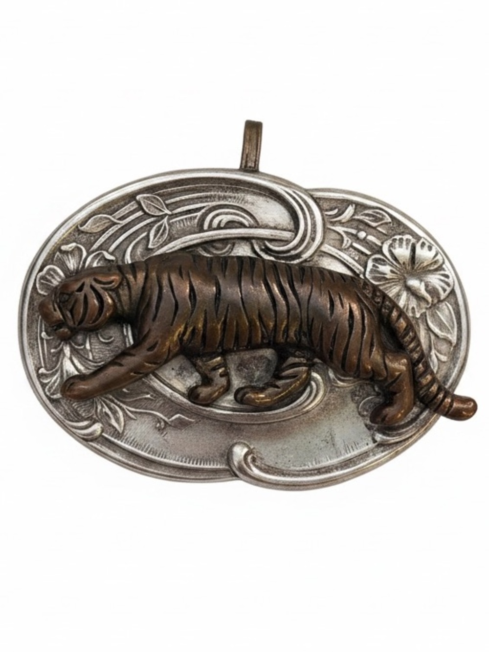 RARE Vintage Mixed Metal Tiger Statement Pendant Art Nouveau Oval Auburn GameDay - Picture 4 of 13